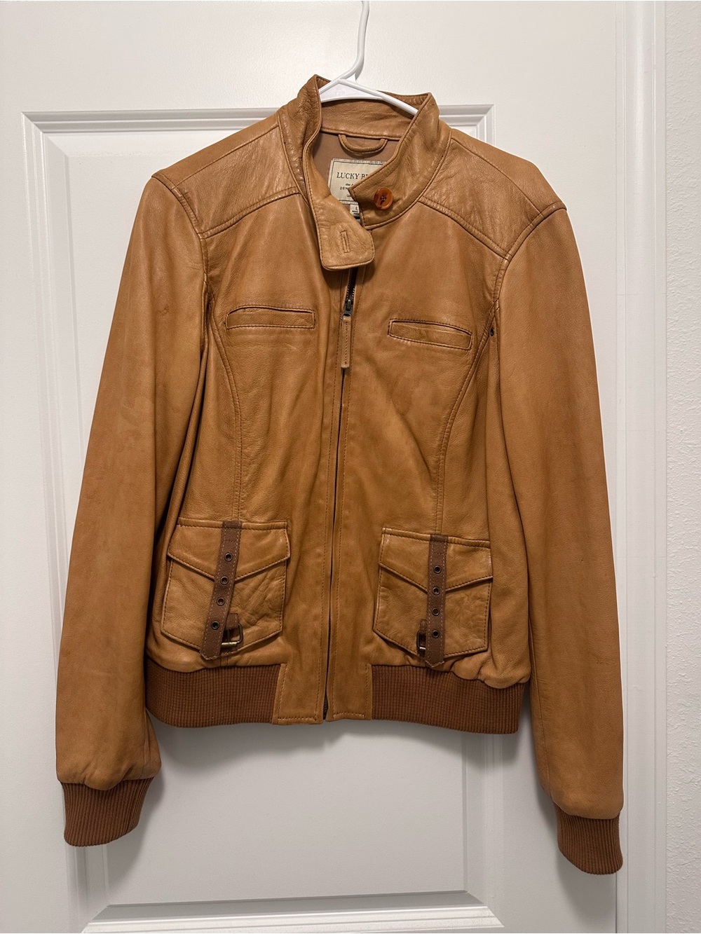 Lucky Brand Womens Cognac Leather Bomber Jacket